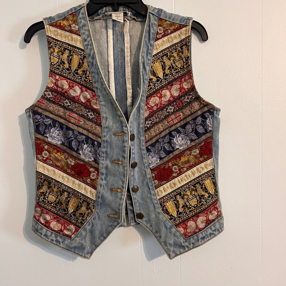 Vintage Limited Jeans Denim‎ Tapestry Vest Med Floral Heraldic Unicorn 90s Boho